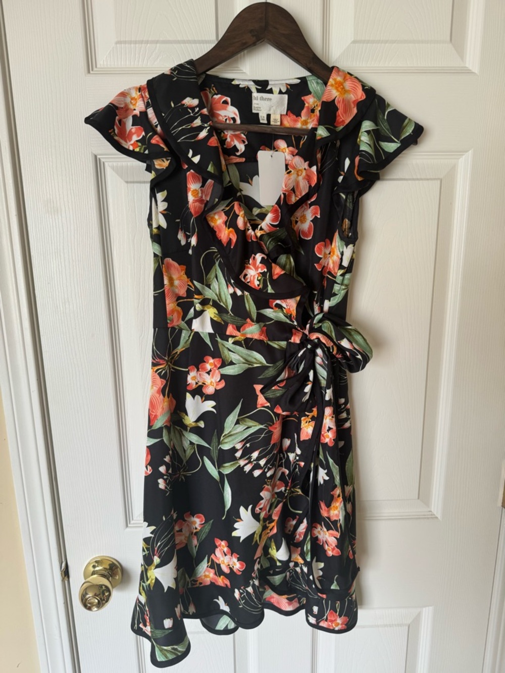 Karen Walker Black Mini Dress with Coral Floral Print